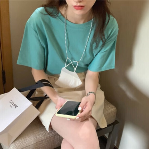 Solid color loose short T-shirt (lake blue one-size-fits-all)