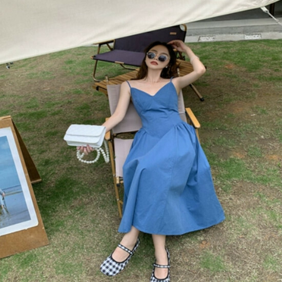 Hot selling suspender midi dress [blue] [one size fits all]