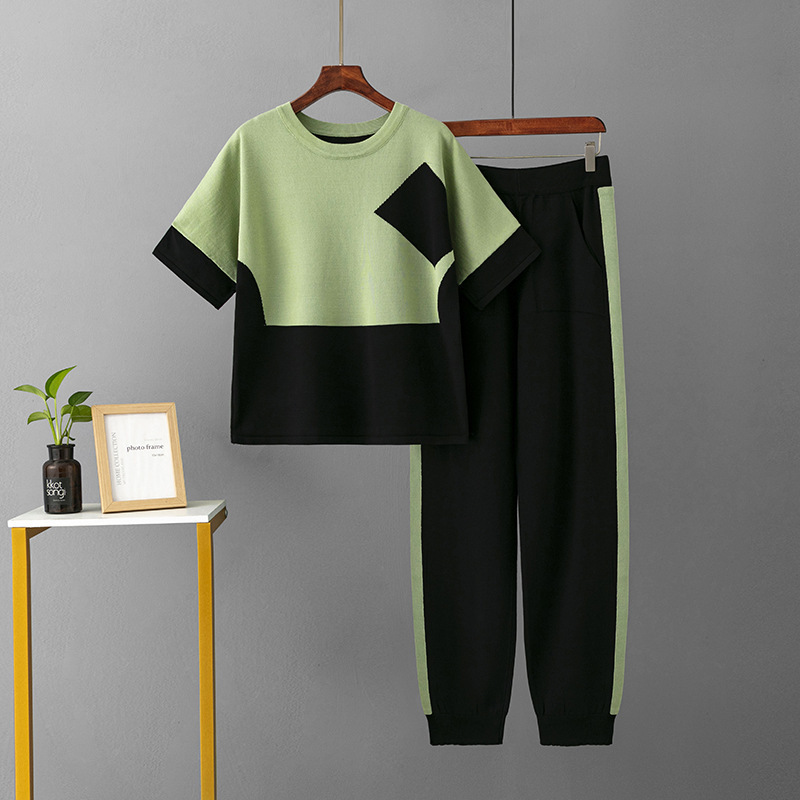 Temperament casual knitted sweater set (one size plus top + pants green)