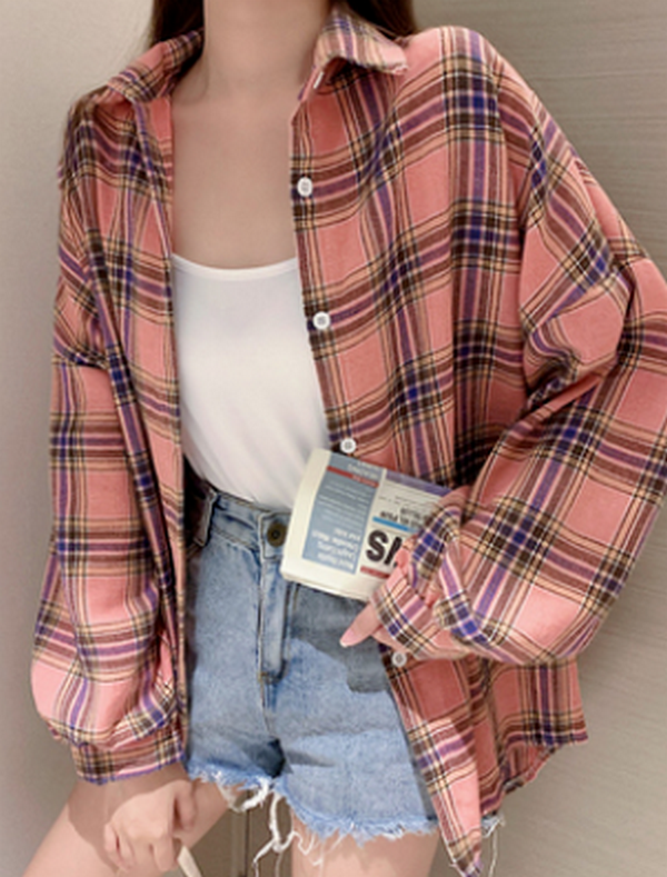 Hong Kong Midi Plaid Shirt (Pink) (Size: One Size)