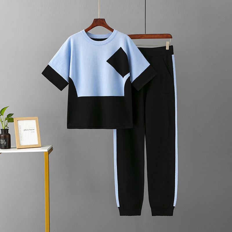 Temperament Casual Knitted Sweater Set (One-size-fits-all Top + Pants Blue)
