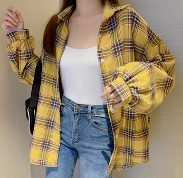 Hong Kong Flavor Midi Plaid Shirt (Yellow) (Size: One Size)