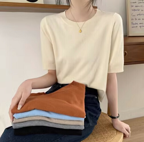 熱賣韓版寬鬆圓領T恤（杏色均碼）