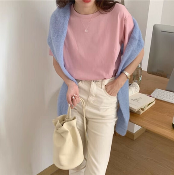 Solid color loose short T-shirt (peach pink one-size-fits-all)