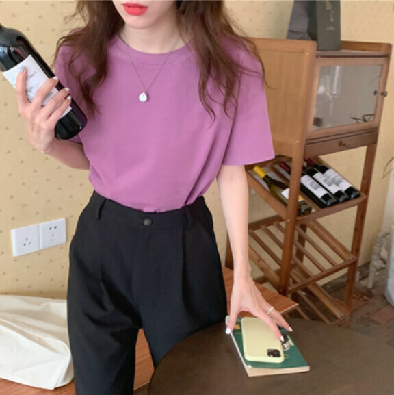 Solid color loose short T-shirt (grape purple one-size-fits-all)