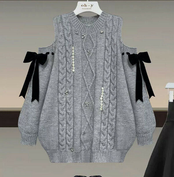 Skinny off-the-shoulder knitwear sweater#Single piece (gray) (M-4XL) (Contact customer service to confirm size after placing an order) 