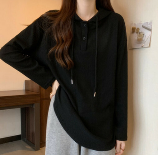 Hooded Long Sleeve Women's T-Shirt (Black One-size-fits-all)