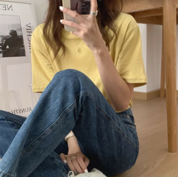 Solid color loose short T-shirt (goose yellow one-size-fits-all)