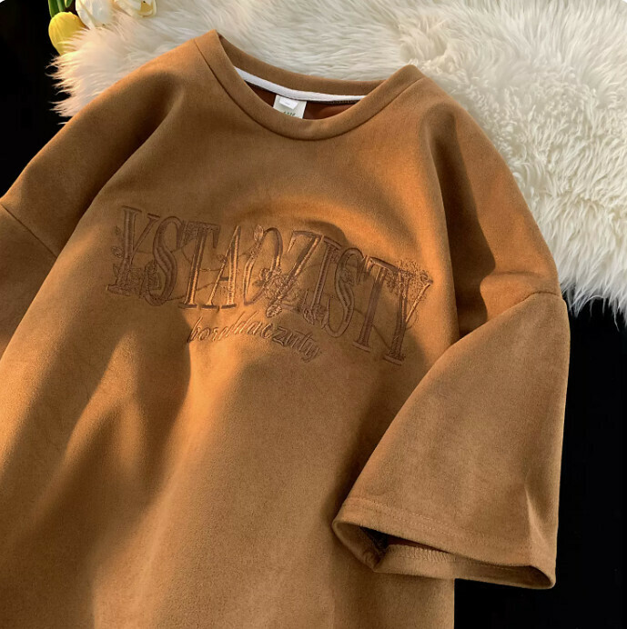 Embroidered loose five-and-a-half sleeve T-shirt (Caramel M-2XL contact customer service to confirm shipping size after placing an order)