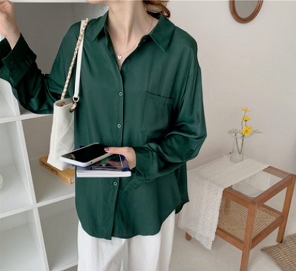 Korean Loose Casual Shirt (Dark Green) (Size: One Size)