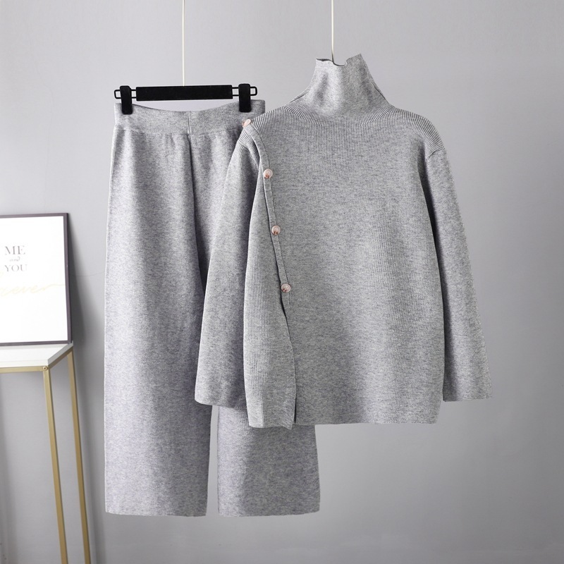Temperament Casual Knit Sweater Set (One-size-fits-all Top + Pants Grey)