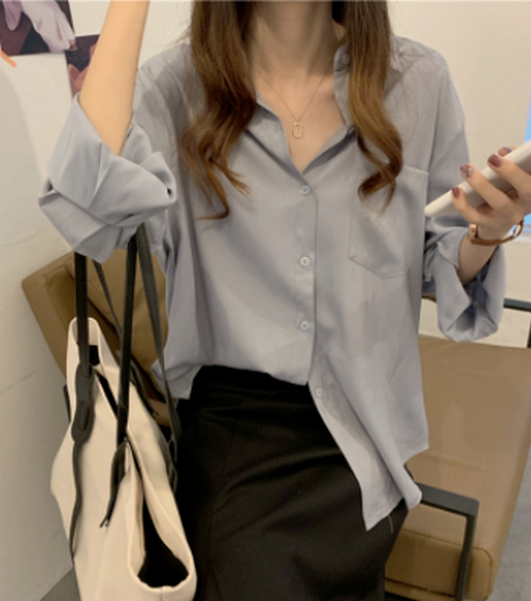 Korean Loose Casual Shirt (Light Gray) (Size: One Size)