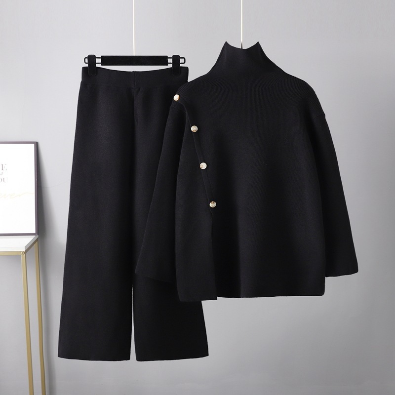 Temperament casual knitted sweater set (one-size-fits-all top + pants black)