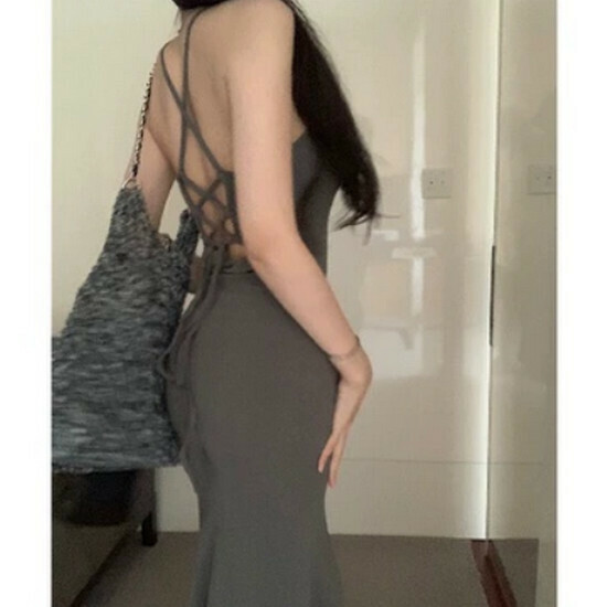 Hot selling strappy vest hip-covering dress [grey] [one size fits all]