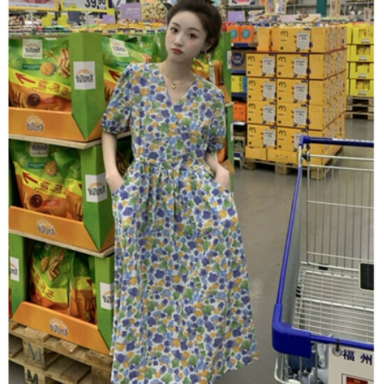 Hot Selling Floral V Neck Waist Dress [Blue] [One Size Fits All]