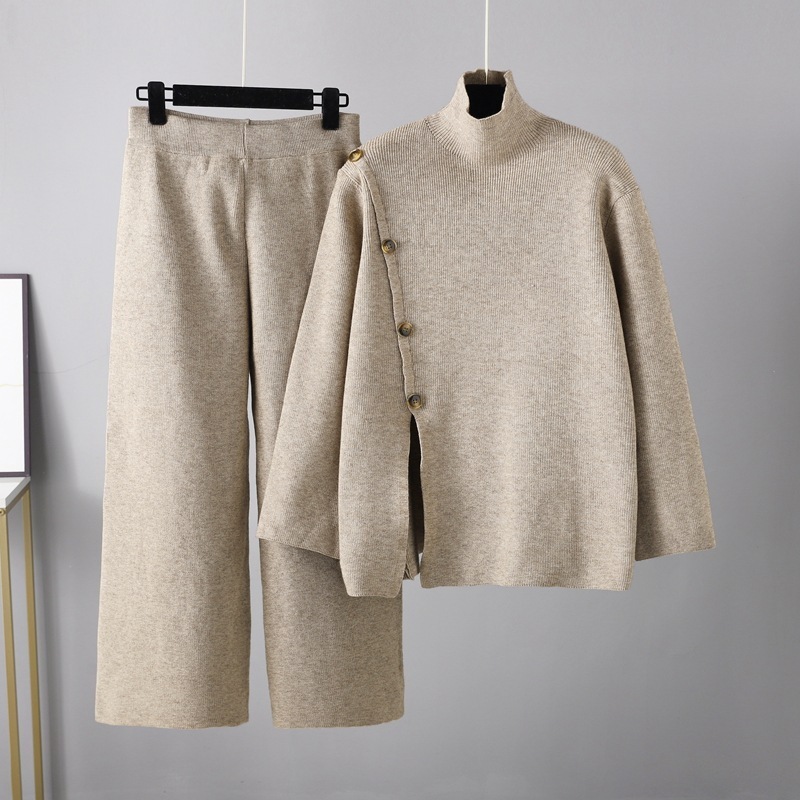 Temperament casual knitted sweater set (one-size-fits-all top + pants khaki)