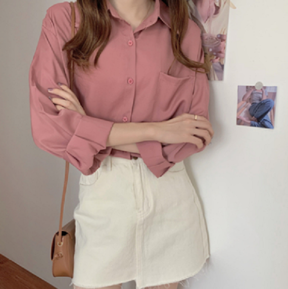 Korean Loose Casual Shirt (Pink) (Size: One Size)