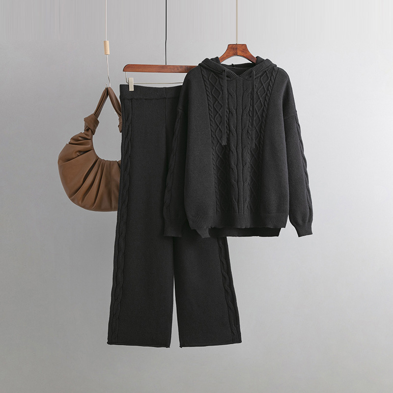 Temperament casual knitted sweater set (one-size-fits-all top + pants black)