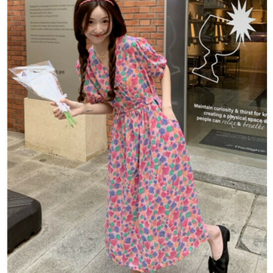 Hot selling floral V-neck waist dress [pink] [one size fits all]