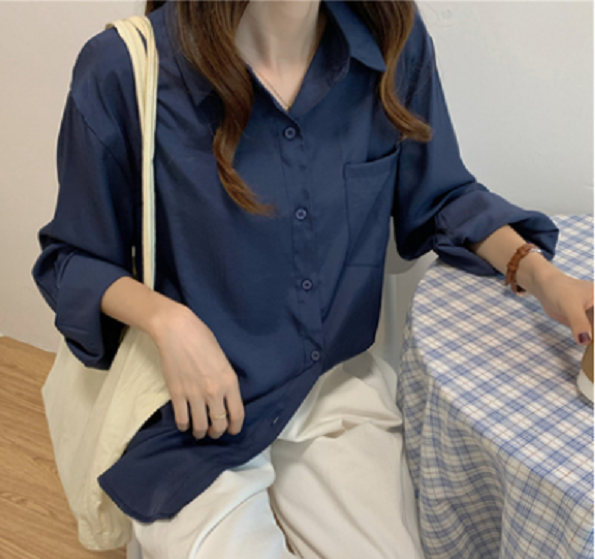 Korean Loose Casual Shirt (Navy Blue) (Size: One Size)