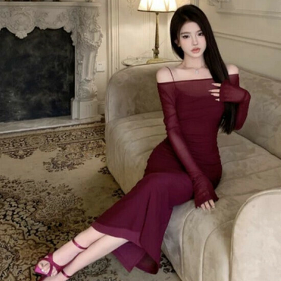 Hot selling mesh + suspender dress [burgundy] [size S-L] (please contact customer service to confirm the delivery size after placing the order)