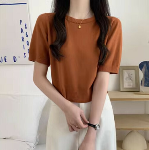 新款韓版寬鬆圓領T恤（焦糖色均碼）