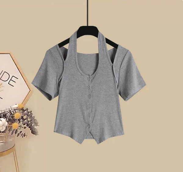 Design halterneck short sleeve (single piece) (gray) (M-4XL) (contact customer service to confirm size after placing an order) 