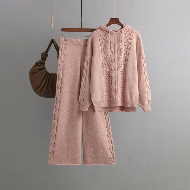 Temperament Casual Knit Sweater Set (One-size-fits-all Top + Pants Pink)
