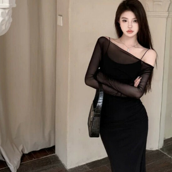 Hot selling mesh + suspender dress [black] [S-L size] (please contact customer service to confirm the delivery size after placing the order)