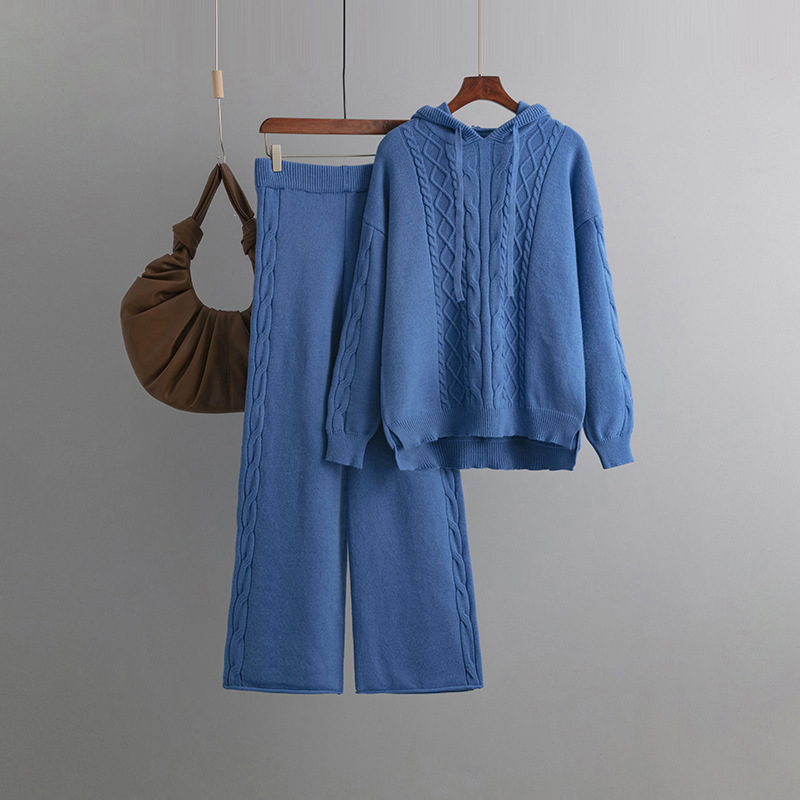Temperament Casual Knitted Sweater Set (One-size-fits-all Top + Pants Blue)