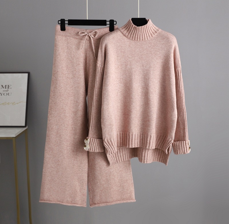 Temperament Casual Knit Sweater Set (One-size-fits-all Top + Pants Pink)