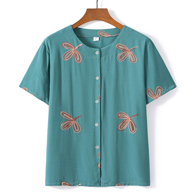 Middle-aged and elderly short-sleeved cotton silk thin shirt (XL-5XL size bean green (top)) [After placing an order, please contact customer service to confirm the shipping size]