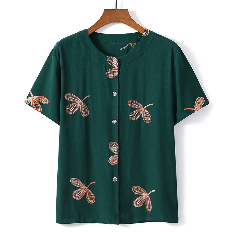 Middle-aged and elderly short-sleeved cotton thin shirt (XL-5XL size dark green (top)) [After placing an order, please contact customer service to confirm the shipping size]
