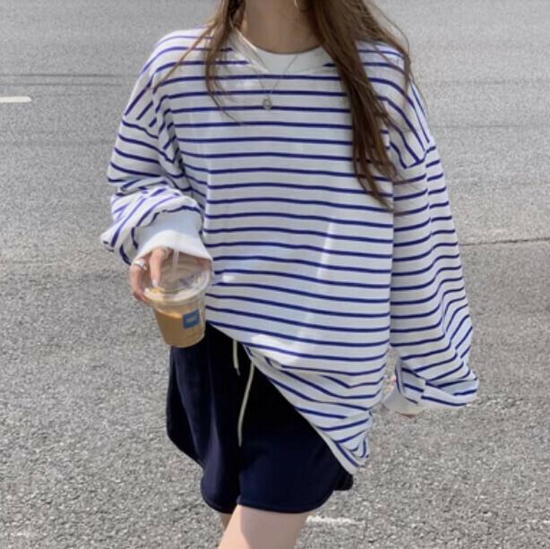 Striped Long Sleeve T-Shirt (Blue Striped One-size-fits-all)