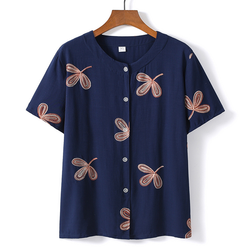 Middle-aged and elderly short-sleeved cotton thin shirt (XL-5XL size navy blue (top)) [After placing an order, please contact customer service to confirm the shipping size]