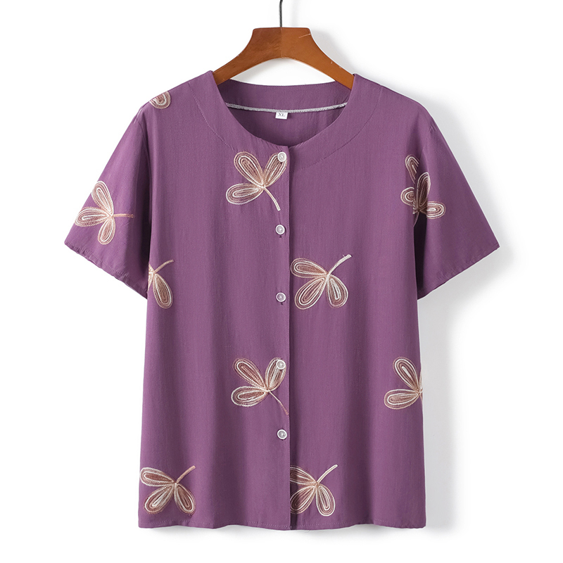 Middle-aged and elderly short-sleeved cotton thin shirt (XL-5XL purple (top)) [After placing an order, please contact customer service to confirm the shipping size]