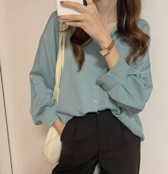 Korean Loose Casual Shirt (Cyan) (Size: One Size)