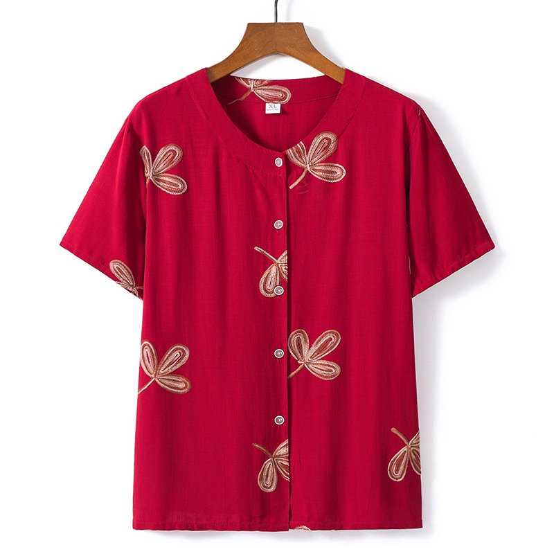 Middle-aged and elderly short-sleeved cotton thin shirt (XL-5XL size red (top)) [After placing an order, please contact customer service to confirm the shipping size]