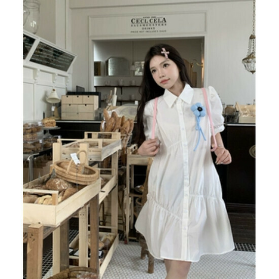 Hot Selling Puff Sleeve Shirt Dress [White] [One Size Fits All]