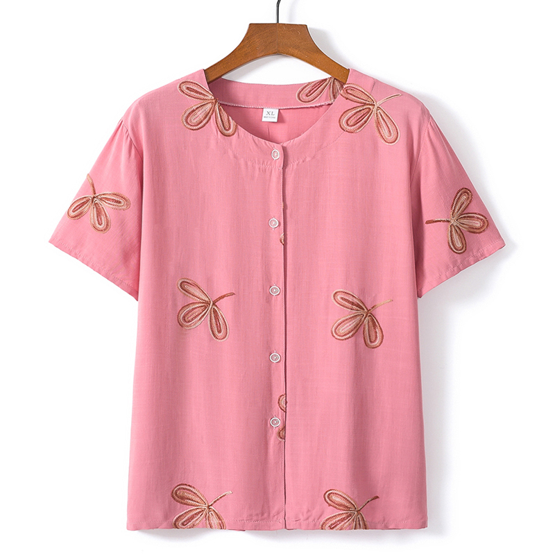 Middle-aged and elderly short-sleeved cotton silk thin shirt (XL-5XL pink (top)) [After placing an order, please contact customer service to confirm the shipping size]