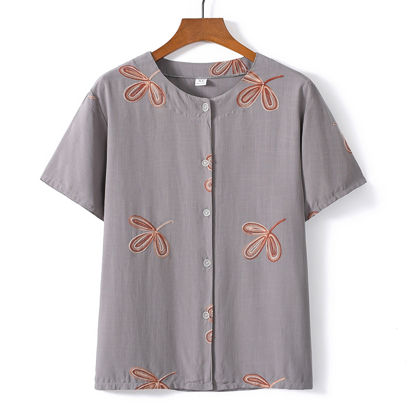 Middle-aged and elderly short-sleeved cotton silk thin shirt (XL-5XL gray (top)) [After placing an order, please contact customer service to confirm the shipping size]