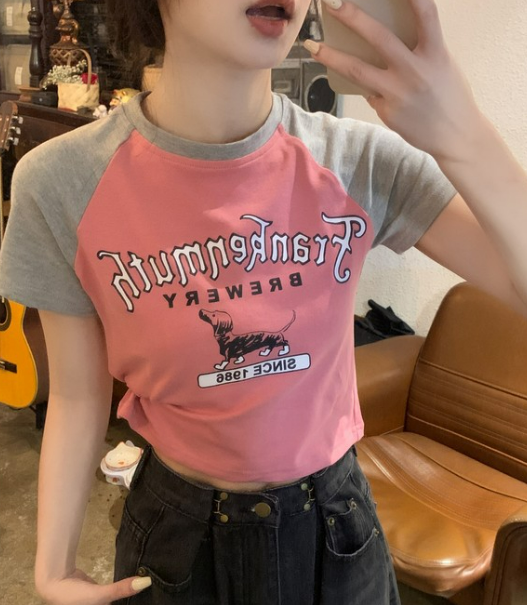 Contrast raglan sleeves short sleeves (pink) [Size: M-XL] [Contact customer service to confirm size after placing an order]