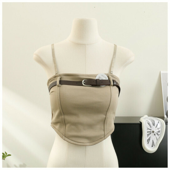 Summer Wear Cropped Camisole Top with Underneath Base Layer (Khaki) (One Size)