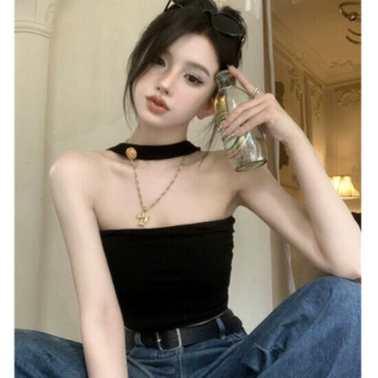 Hot selling halterneck tube top T-shirt top [black] [S-L size] (please contact customer service to confirm the delivery size after placing the order)