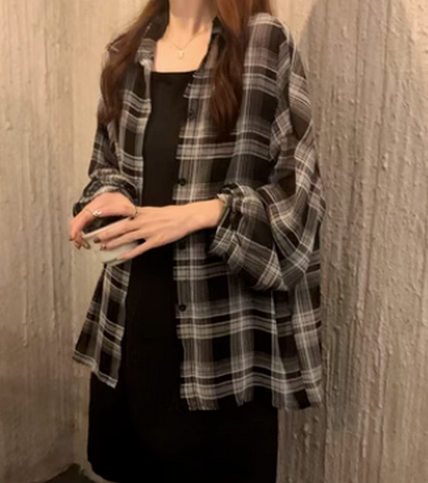 Tie-dye graffiti long-sleeved shirt (black check) (size: one size)