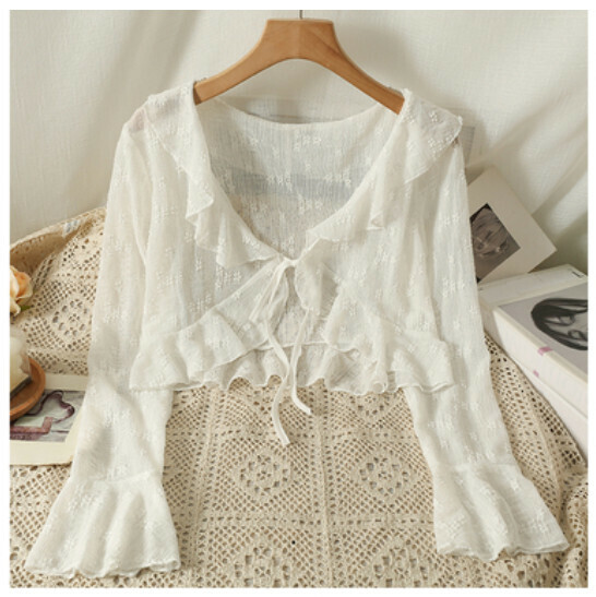 Lace Sunscreen Cardigan, Shawl Cover-up, Light Jacket (White) (One Size)
