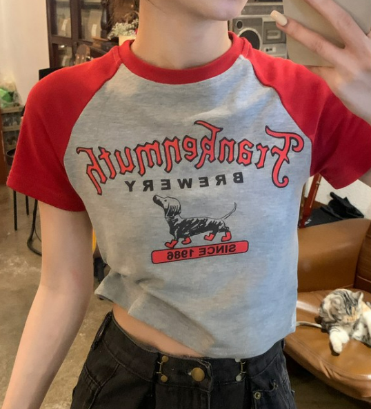 Contrast raglan sleeves short sleeves (gray) [Size: M-XL] [Contact customer service to confirm size after placing an order]