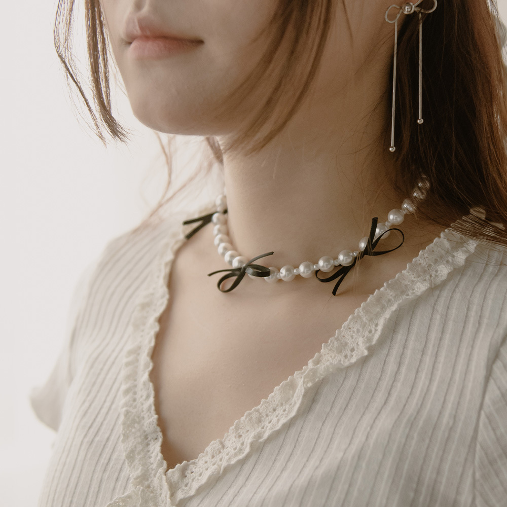 leeENoir■Black Ribbon Pearl Necklace ネックレス/送料関税込 QUEENSHOP Black Ribbon and Pearls Necklace【07040367】in