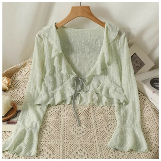 Lace Sunscreen Cardigan Shawl Cover-Up Thin Jacket (Green) (One Size)