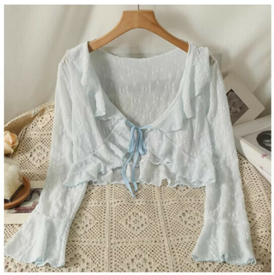 Lace Sunscreen Cardigan Shawl Cover-Up Jacket (Blue) (One Size)